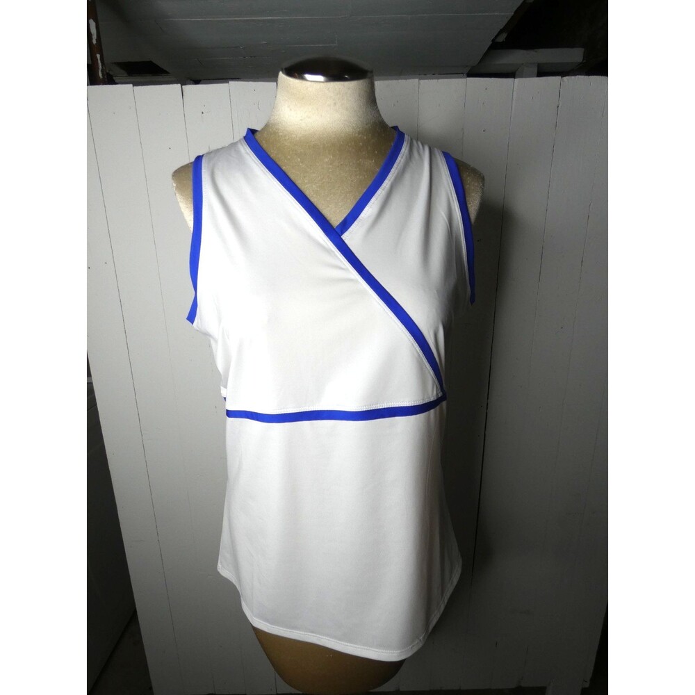 Tail Women's L White & Blue Vneck Sleeveless Tank Top Stretch Tennis Active